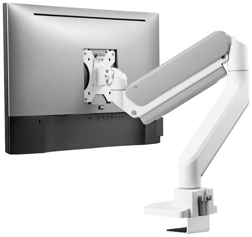 Ein verstellbarer Monitorarm, der an einem Bildschirm montiert ist. Der Arm ermöglicht flexible Ausrichtung und ergonomisches Arbeiten.