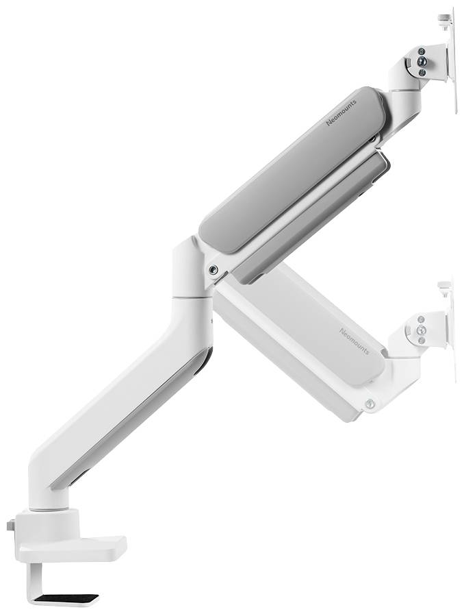 Zwei weiße, verstellbare Monitorarme mit Klemmbefestigung, seitliche Ansicht. Sie sind zusammenklappbar und bieten Flexibilität für Monitore.