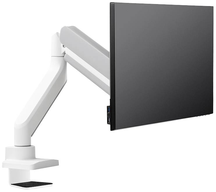 Ein Monitor mit schwarzem Bildschirm ist an einem weißen, verstellbaren Schwenkarm befestigt. Der Arm hat einen USB-Anschluss.