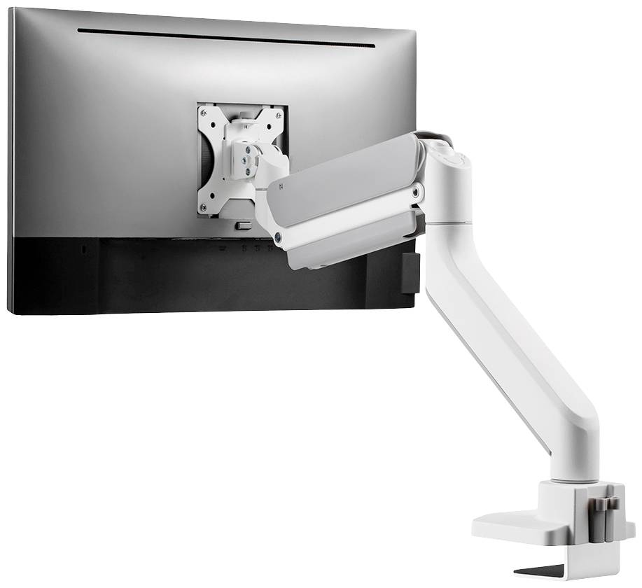 Monitor an einem verstellbaren Schwenkarm montiert, zeigt Rückansicht der Halterung und Armmechanismus, geeignet für flexibles Arbeiten.