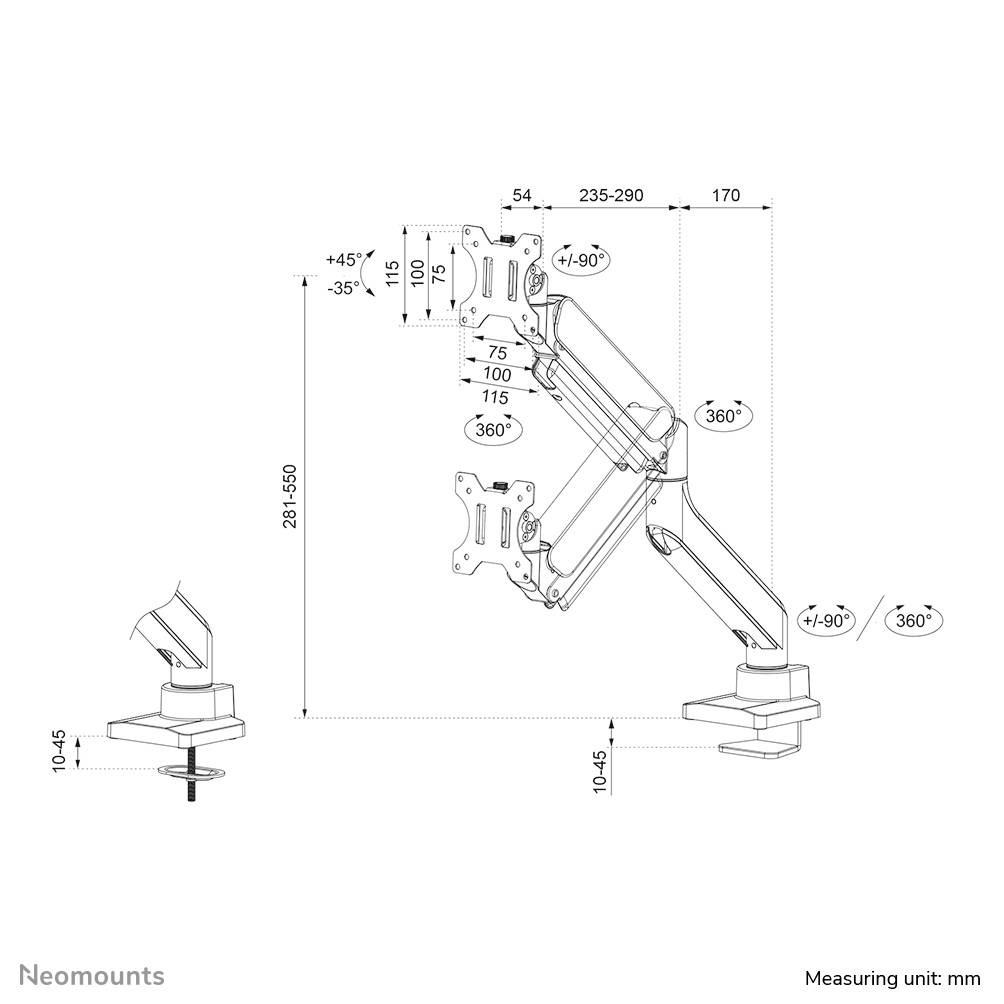 Technische Zeichnung eines verstellbaren Monitorarms. Zeigt Maße in mm, Dreh- und Neigungswinkel sowie Aufbau mit Klemme und Tischmontageoptionen.