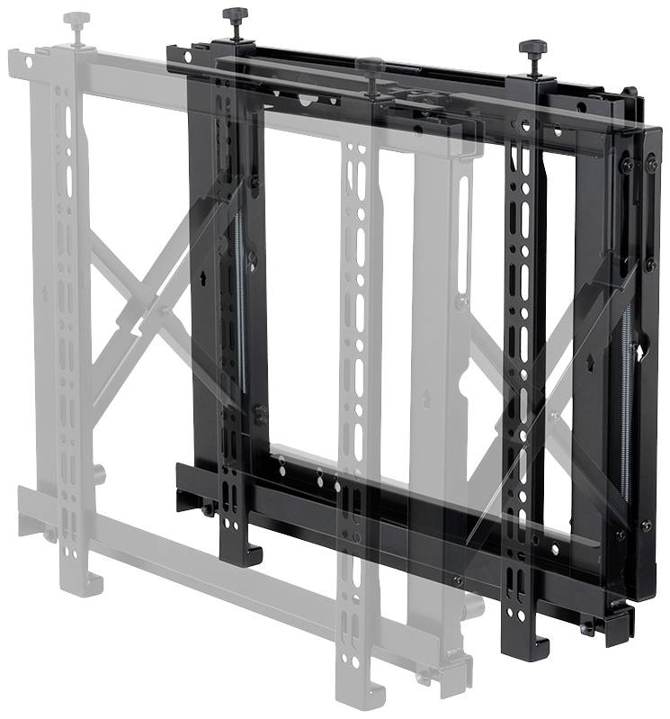 Schwarze, verstellbare Wandhalterung für Flachbildschirme mit vertikalen Schienen und Schrauben zur Befestigungsvorrichtung.