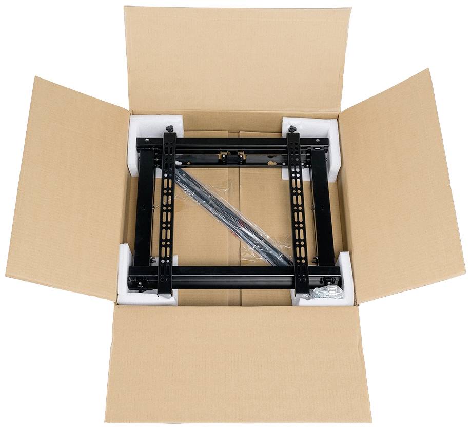 Karton öffnet sich und zeigt einen Metallrahmen mit Montagematerial.