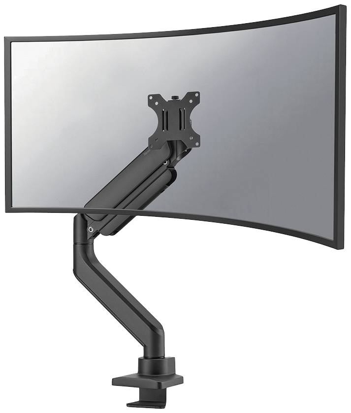 Ein gebogener Monitor an einem verstellbaren, schwarzen Arm, montiert an einem Tisch. Ideal für Büro- oder Gaming-Setups.