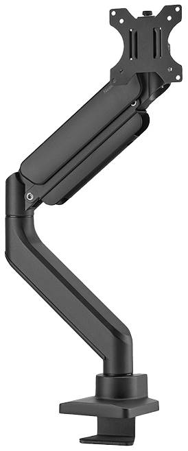 Höhenverstellbarer Monitorarm aus schwarzem Metall mit Gelenkarm und Tischklemme. Geeignet zur Befestigung eines Monitors.