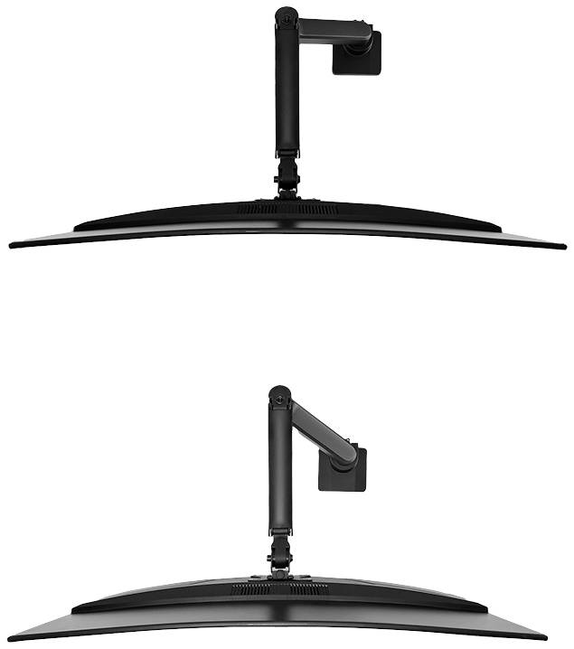 Darstellung eines Computermonitors aus seitlicher Perspektive, mit einem verstellbaren Arm an der Rückseite für ergonomische Anpassungen.