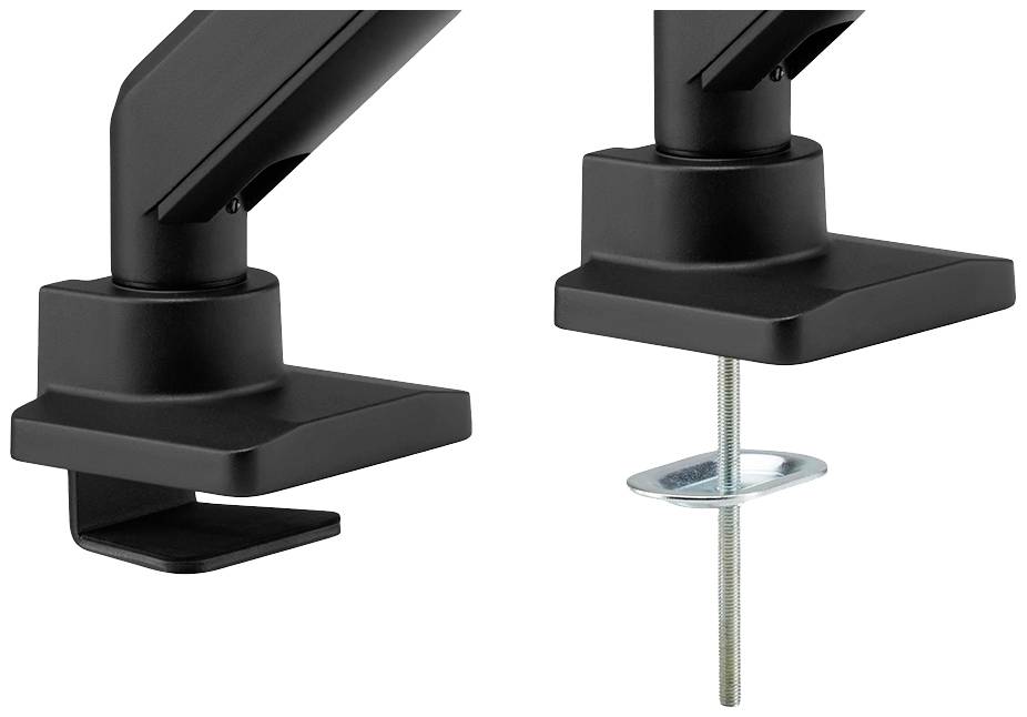 Zwei schwarze Monitorhalterungen im Vergleich: links mit Klemmbefestigung, rechts mit Schraubbefestigung. Geeignet für Tischmontage.