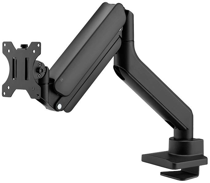 Schwarzer Monitorarm mit flexiblen Gelenken und Schraubklemme zur Befestigung an einem Tisch.