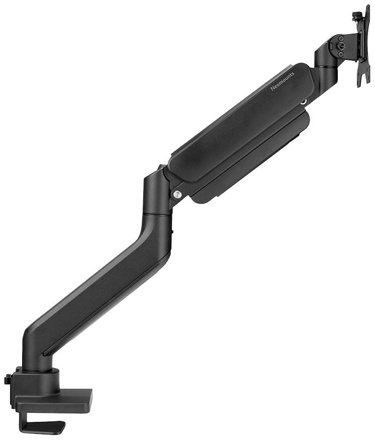 Ein schwarzer, einstellbarer Monitorarm zur Tischbefestigung, geeignet für ergonomische Arbeitsplätze, ohne Monitor montiert.