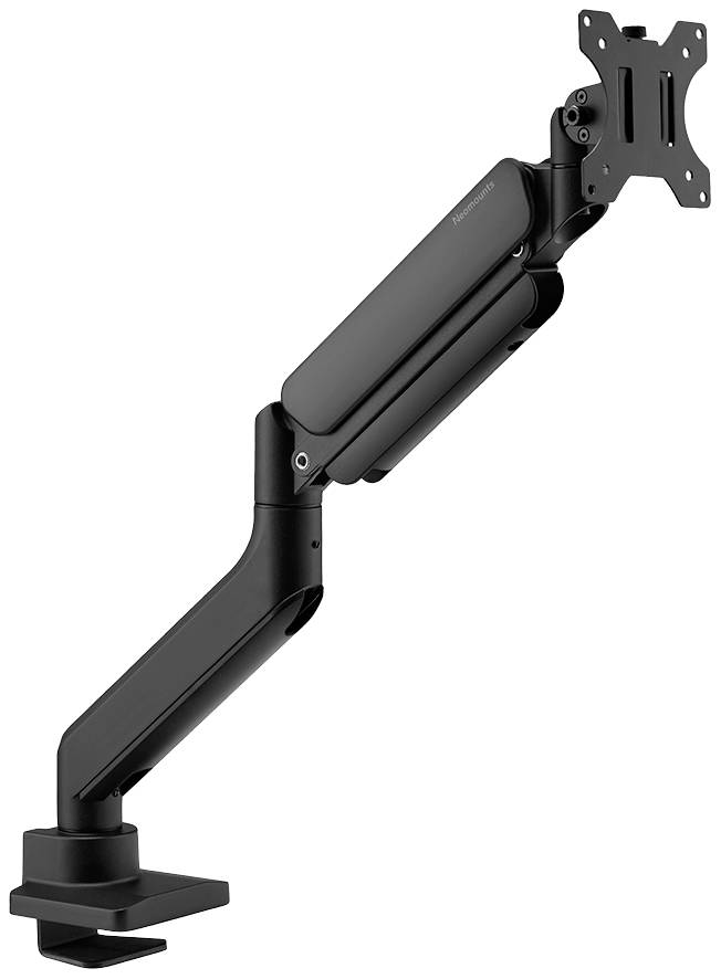 Ein verstellbarer Monitorarm in schwarzer Farbe, befestigt an einer Tischkante, zur Unterstützung eines Monitors in ergonomischer Positionierung.