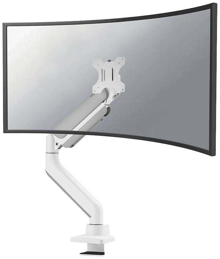 Ein gebogener Computermonitor an einem weißen, verstellbaren Schwenkarm, geeignet für ergonomische Schreibtischarbeit.