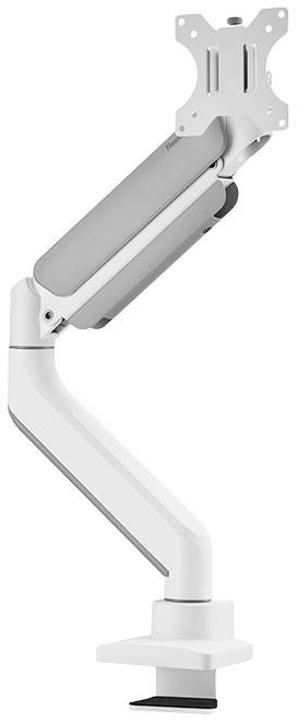 Ein höhenverstellbarer, weißer Monitorarm mit Halterung zur Befestigung an einem Tisch. Ideal zur flexiblen Positionierung von Bildschirmen.