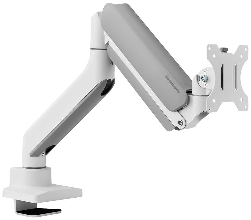 Ein weißer Monitorarm mit Gelenken und Befestigungsmöglichkeit für einen Bildschirm, montiert auf einer Tischkante.