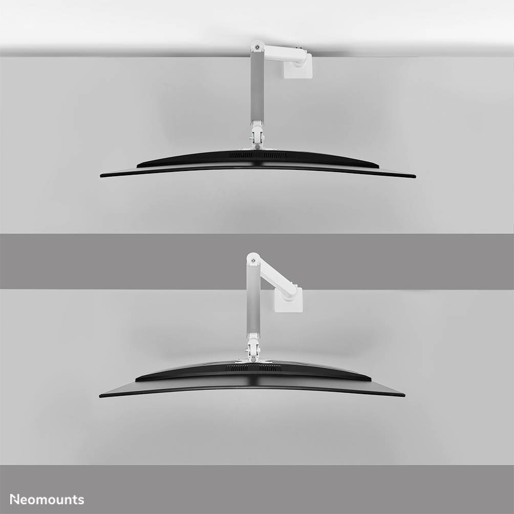 'Neomounts' Monitorarm hält Bildschirm von oben in zwei Positionen: flacher und geneigter. Zeigt Flexibilität und Anpassungsfähigkeit.