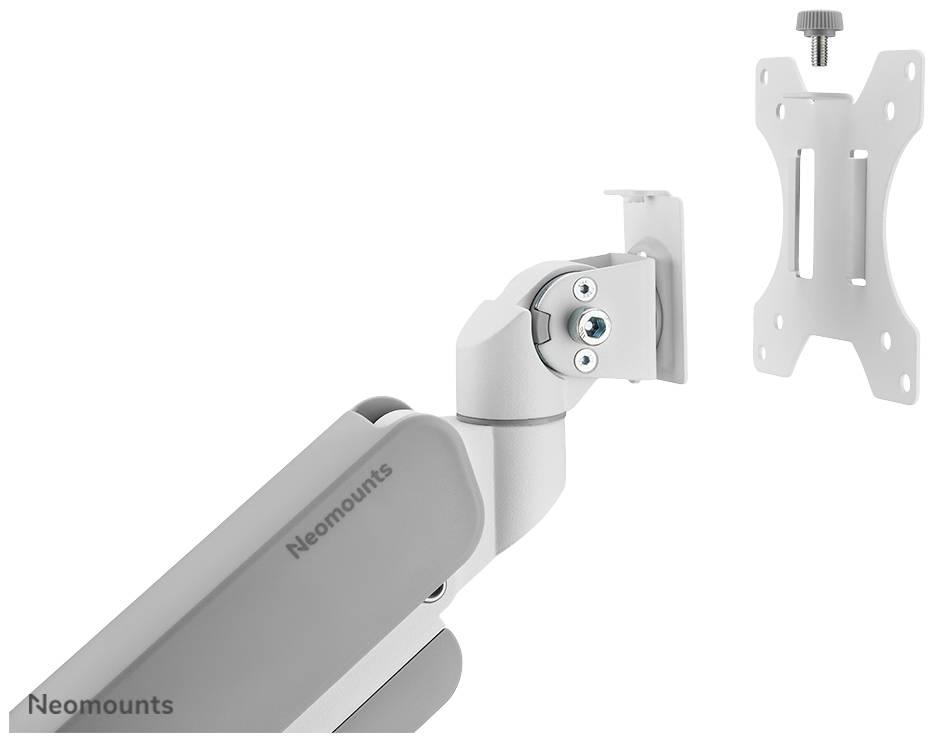 Montagearm von Neomounts in weiß, zeigt Gelenkmechanismus und abnehmbaren Halter zur Befestigung eines Monitors an einer Wand.