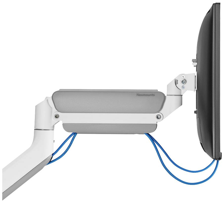 Ein grauer Monitorarm hält einen Bildschirm; blaue Kabel verlaufen entlang des Arms. Geeignet für ergonomische Arbeitseinstellungen.