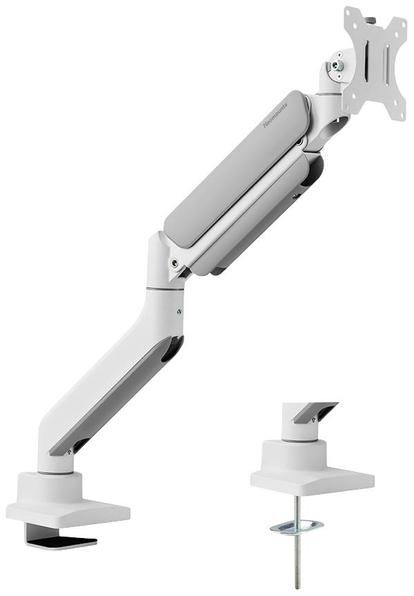 Monitorhalterung aus grauem Metall mit verstellbarem Arm und Klemmbefestigung. Sorgt für flexible Positionierung von Bildschirmen.