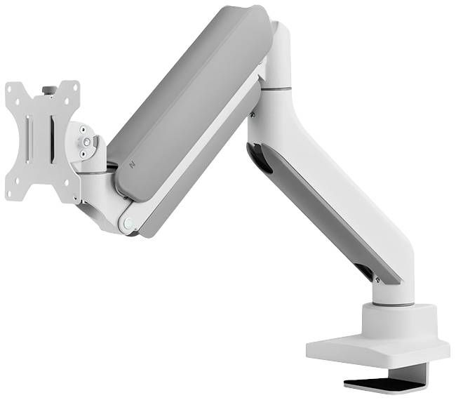 Ein verstellbarer Monitorarm aus Metall und Kunststoff, grau und weiß, mit VESA-Halterung, zur Befestigung an einem Schreibtisch.