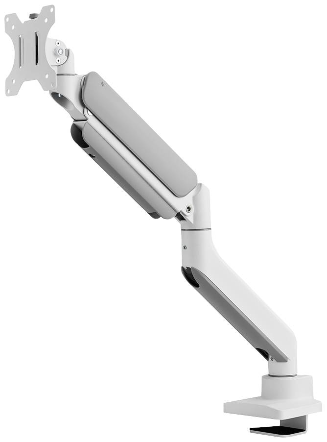Ein weißer, verstellbarer Monitorarm mit mehreren Gelenken und einer Tischklemme zur Befestigung, ideal zur ergonomischen Nutzung.