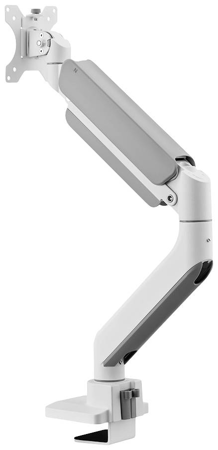 Monitorhalterung in Weiß und Grau mit einstellbarem Arm, zur Befestigung an einem Schreibtisch. Ideal für flexible Bildschirmpositionen.