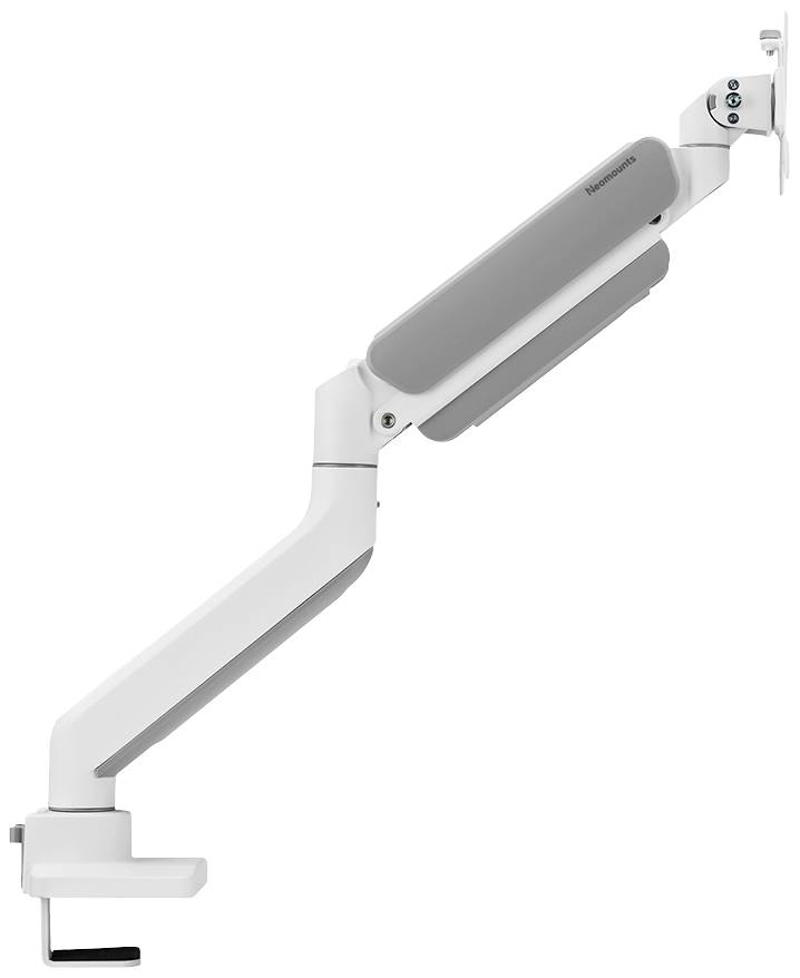 Ein weißer und grauer Monitorarm mit einer Tischklemme, geeignet zur flexiblen Positionierung eines Bildschirms auf dem Schreibtisch.