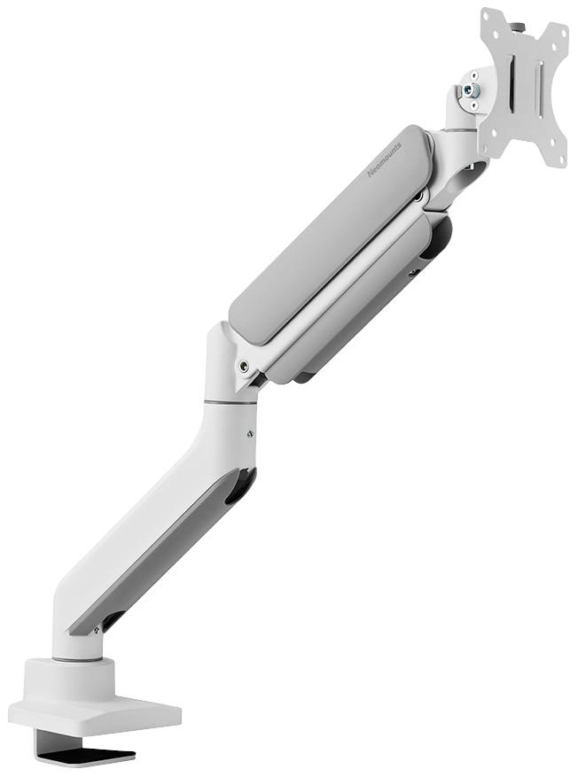 Ein ergonomischer Monitorarm mit flexibler Gelenkstruktur und silber-weißer Oberfläche, zur Befestigung auf Schreibtischen geeignet.