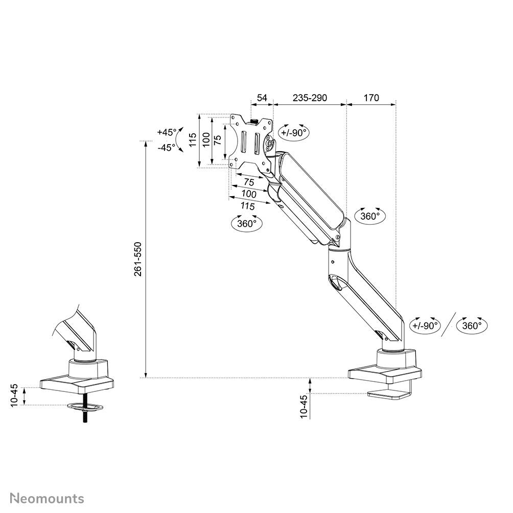 Zeichnung eines verstellbaren Monitorarms mit Maßen: Höhe 291-550 mm, Tiefe 235-290 mm, Neigung +/-90°, Drehung 360°.