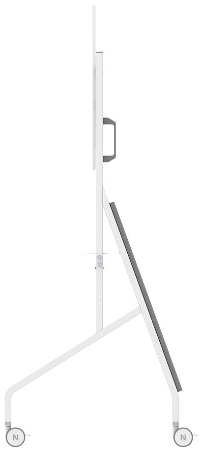Seitliche Ansicht eines mobilen Präsentationsständers mit Rollen, Griff für einfache Bewegung, neigbare Platte für Flexibilität.