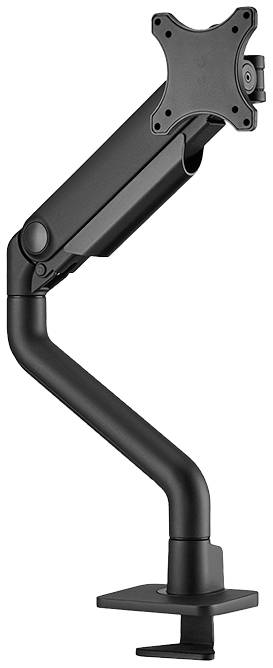 Schwarzer Monitorarm mit verstellbarem Gelenk und Klemme zur Befestigung an einem Tisch, geeignet für Bildschirmmontage.
