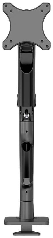 Schwarze, verstellbare Monitorhalterung aus Metall, für Tischmontage geeignet, ermöglicht flexible Positionierung des Bildschirms.