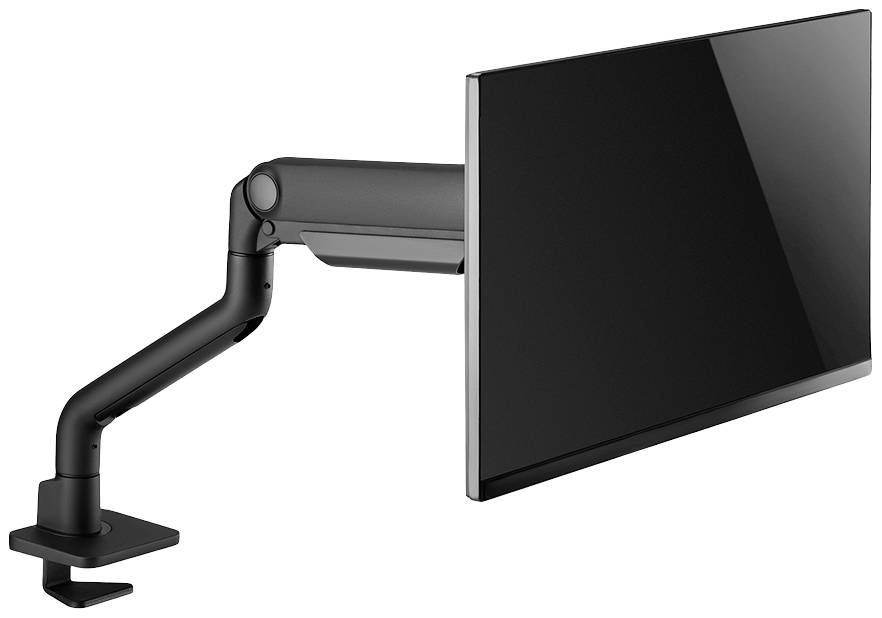 Ein schwarzer Monitorarm, der an einem Tisch befestigt ist, hält einen schwarzen Monitor. Der Arm ist flexibel und verstellbar.