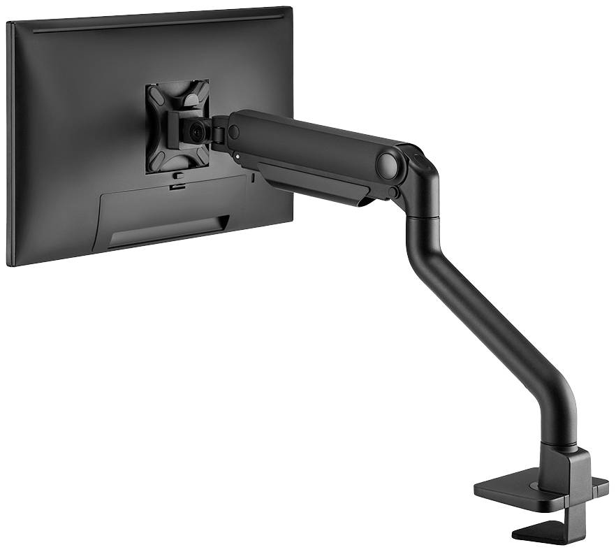 Ein schwarzer Monitorhalterungsarm, befestigt an einem Tisch, hält einen Flachbildschirm. Der Arm ist verstellbar und schwenkbar.