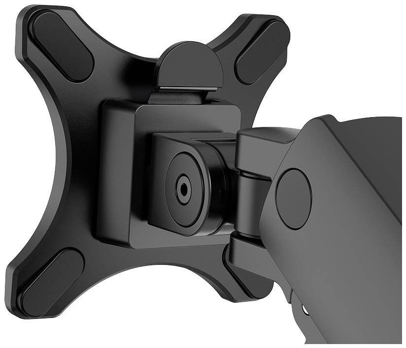 Nahaufnahme einer schwarzen Monitorhalterung mit schwenkbarem Arm und VESA-Montagemuster, geeignet für Bildschirme an Wänden oder Schreibtischen.