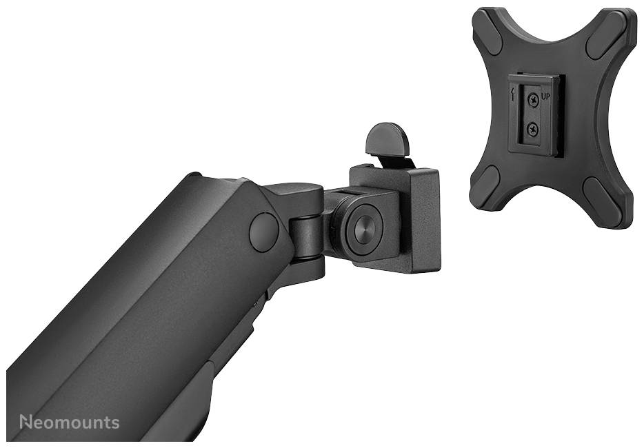Bild eines schwarzen Monitorarms mit VESA-Halterung. Rechteckige Befestigung an einem Gelenk, geeignet für Monitore.