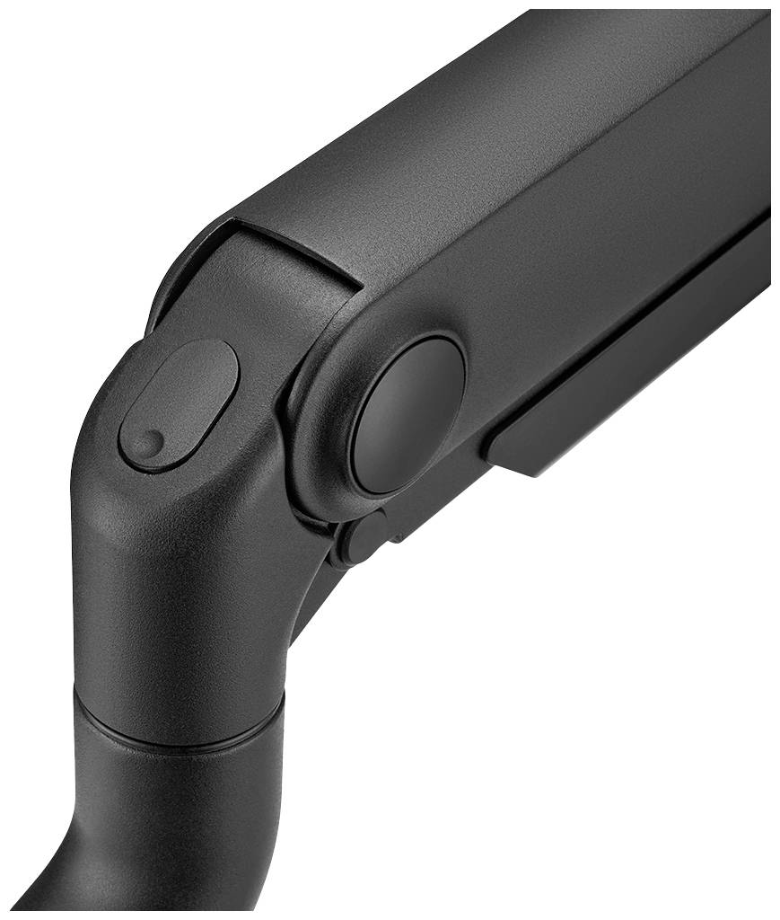 Schwarzer Gelenkarm einer Halterung, zeigt das Scharnier und die Verbindungsstellen für Beweglichkeit und Positionierung.