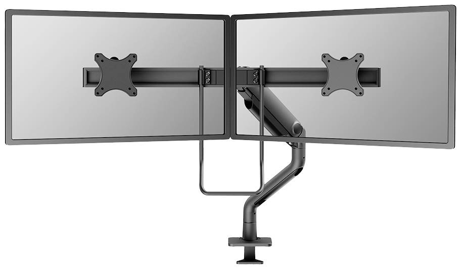 Ein doppelter Monitorarm aus schwarzem Metall, montiert auf einem Tisch, zeigt zwei nebeneinander platzierte Bildschirme.
