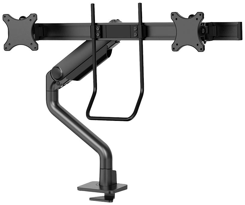 Doppel-Monitorhalterung aus schwarzem Metall, mit verstellbarem Arm und Klemmbefestigung zur Tischmontage. Geeignet für zwei Monitore.
