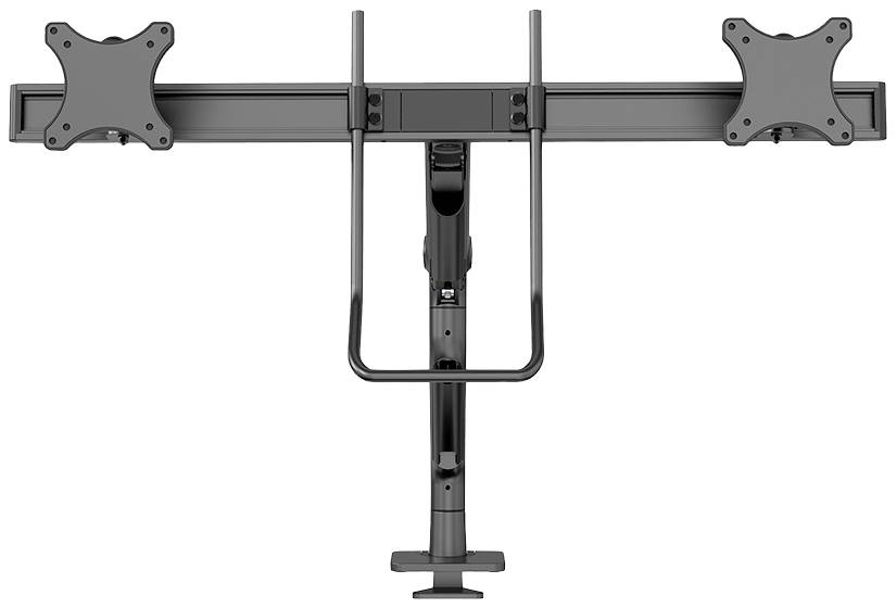 Dual-Monitor-Halterung mit verstellbaren Armen, zwei Montageschienen und stabiler Basis für flexible Bildschirmaufstellung.
