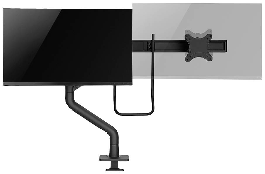 Ein Monitorarm mit zwei Monitoraufhängungen; links ein großer, schwarzer Monitor, rechts leere Halterungslasche auf weißem Hintergrund.