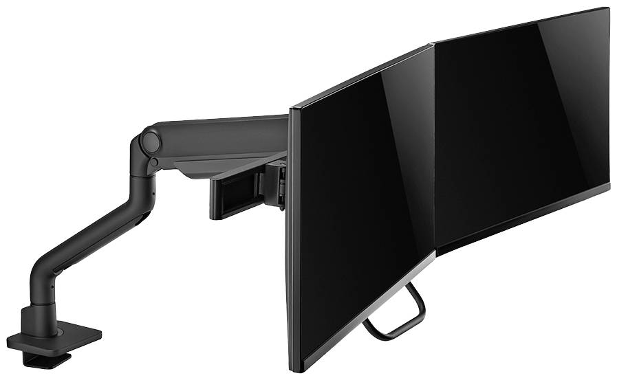 Zwei schwarze Computerbildschirme nebeneinander montiert an einem einstellbaren Schwenkarm für ergonomische Arbeitsplätze.
