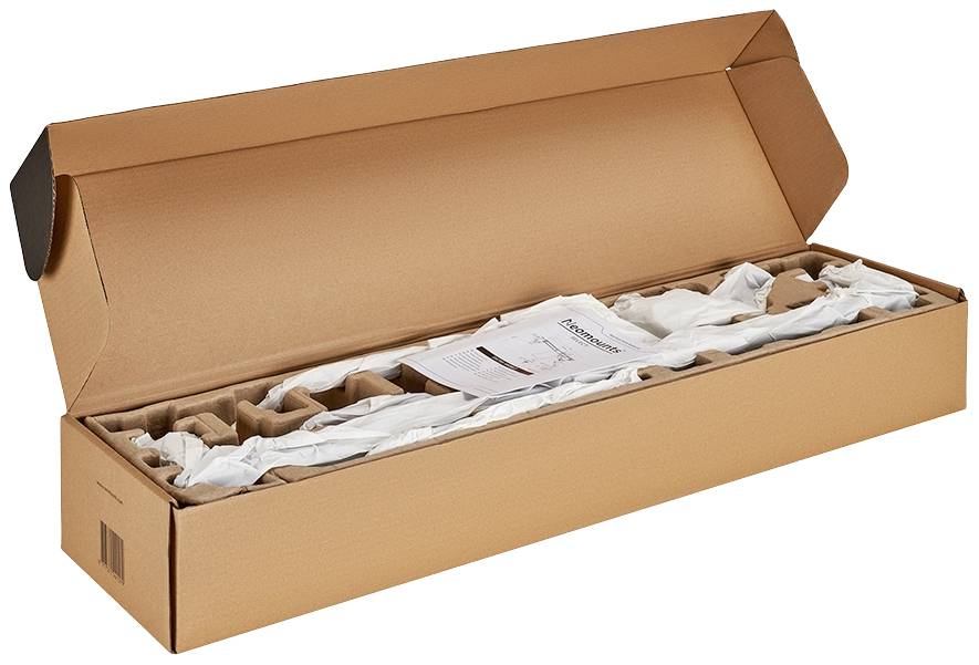 Ein langer, geöffneter Versandkarton enthält verpackte Gegenstände und ein Blatt Papier mit Anweisungen.