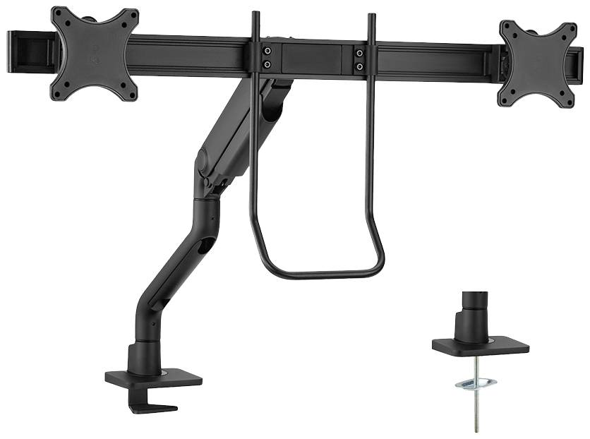 Doppelter Monitorarm mit verstellbaren Halterungen, Tischklemme und Durchtischbefestigung. Unterstützt ergonomische Bildschirmpositionierung.