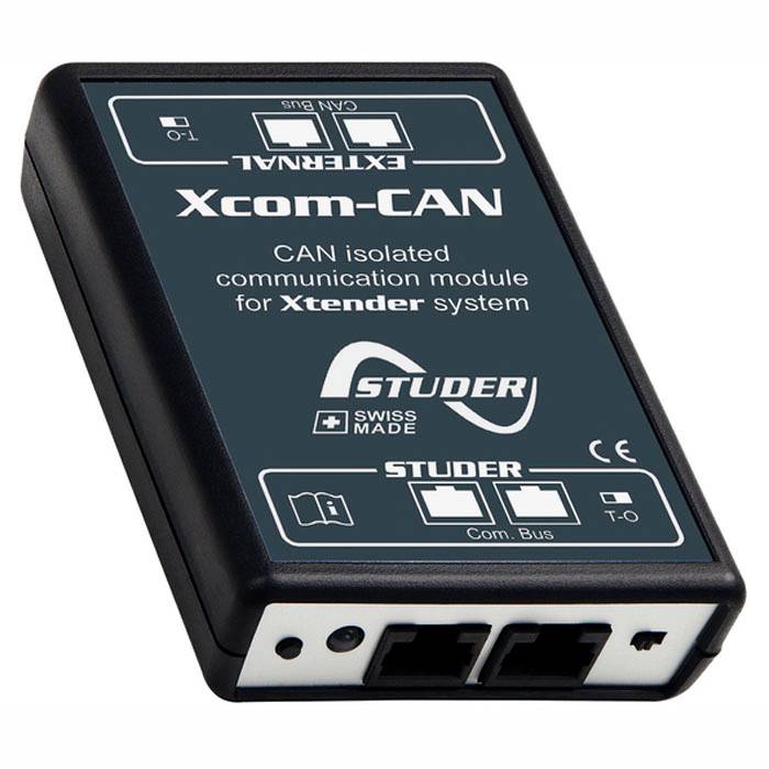 Ein schwarzes Modem mit der Aufschrift 'Xcom-CAN' zur isolierten CAN-Kommunikation im Xtender-System von Studer.