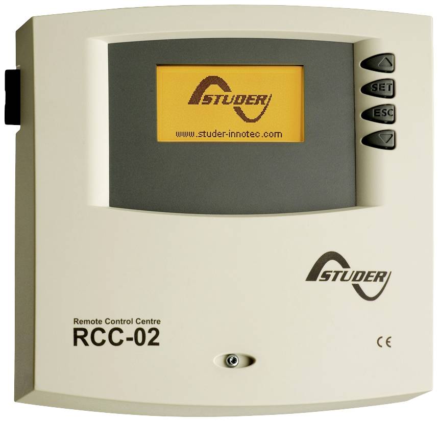 Elektronisches Gerät zur Fernsteuerung. LCD-Bildschirm zeigt 'Studer'. Rechts Knöpfe: 'SET' und 'ESC'. Modell: RCC-02.