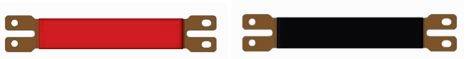 Zwei flache, rechteckige Objekte nebeneinander, eines rot, das andere schwarz, mit vier braunen Befestigungslaschen an den Enden.