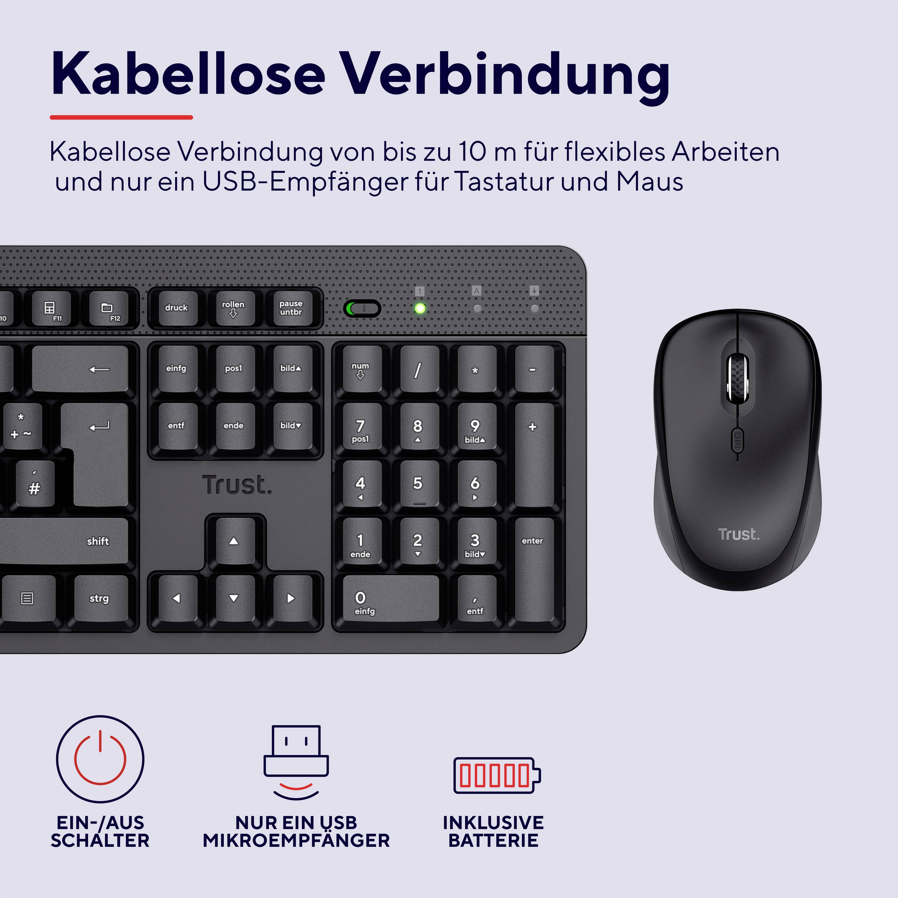 Trust TKM-360 Kabellos Tastatur, Maus-Set Geräuscharme Tasten, Hotkey Funktion, Integriertes Scrollrad, mit numerischer Tastatur