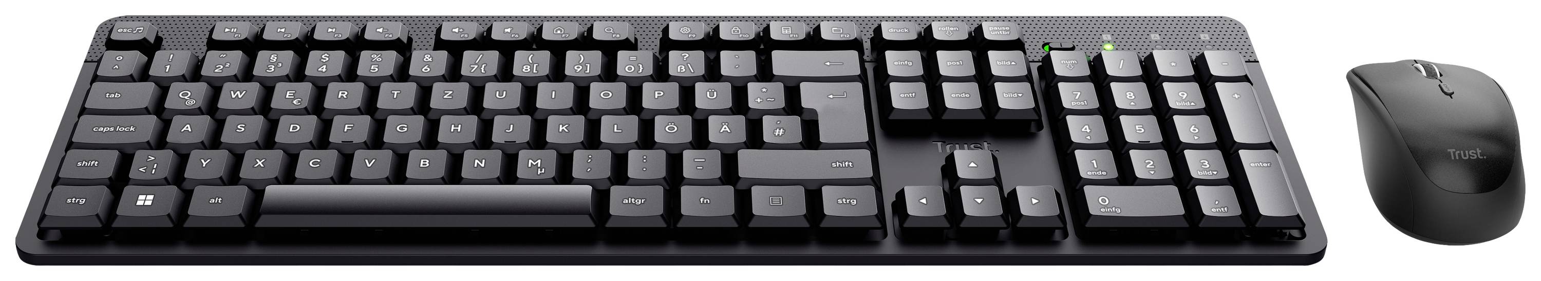 Trust TKM-360 Kabellos Tastatur, Maus-Set Geräuscharme Tasten, Hotkey Funktion, Integriertes Scrollrad, mit numerischer Tastatur