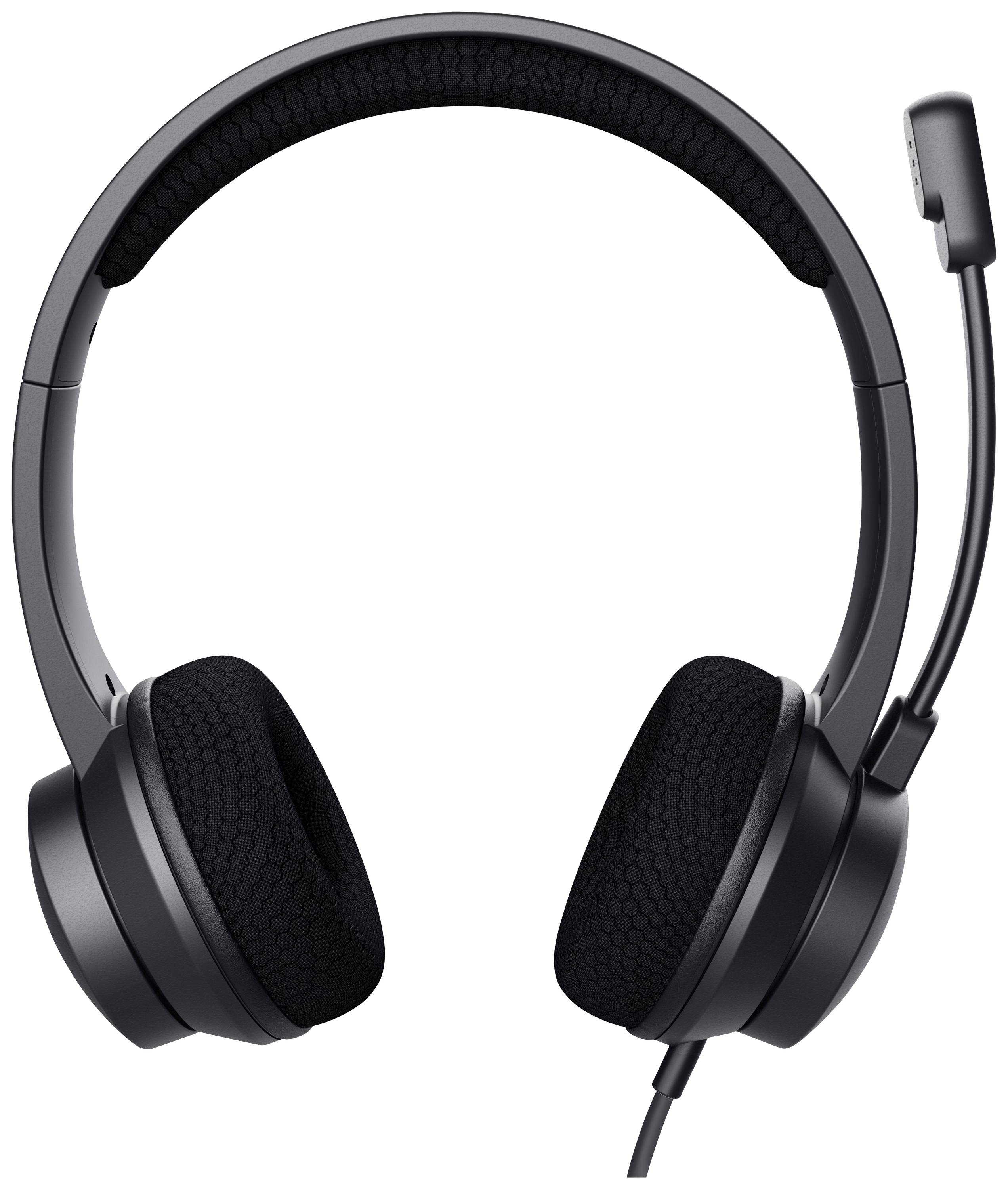 Schwarzes, kabelgebundenes Headset mit Mikrofonarm. Eignet sich für Anrufe und Online-Kommunikation. Moderner, funktionaler Stil.