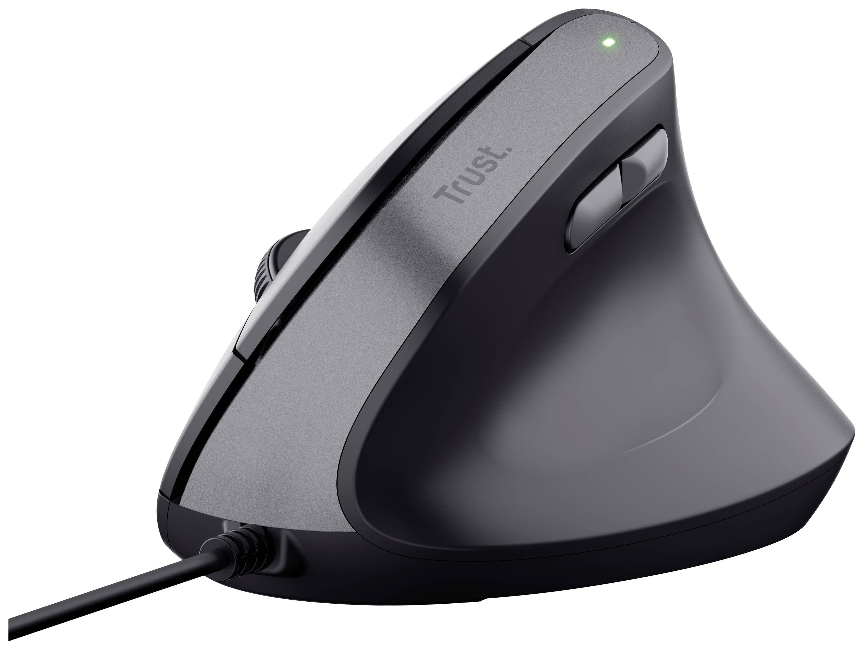 Vertikale ergonomische Maus von Trust, schwarz, mit Daumentasten und Scrollrad. LED-Anzeige leuchtet grün.