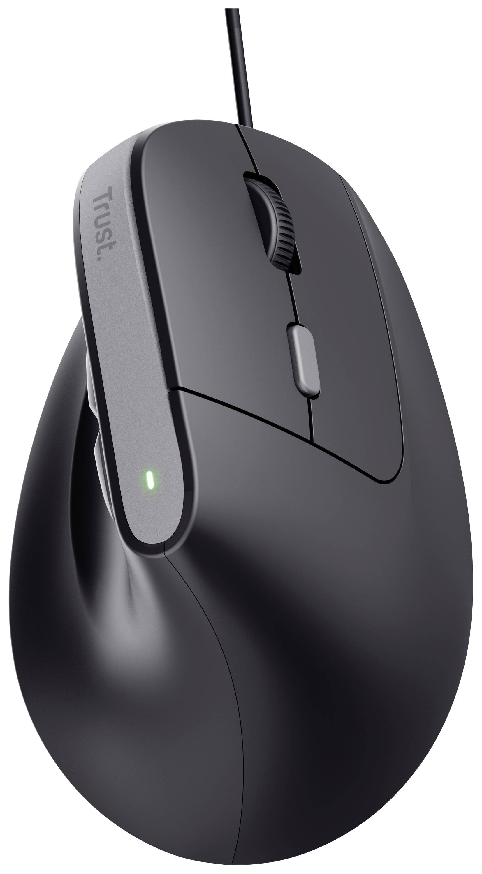 Schwarze ergonomische Maus mit vertikalem Design und Kabel. Die Maus hat ein Scrollrad und zwei Tasten. Geeignet für komfortables Arbeiten.